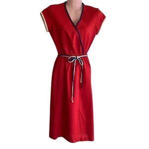 Vtg 1970s Dress Women's Small Red Linen Faux Wrap Button Skirt Belted Office